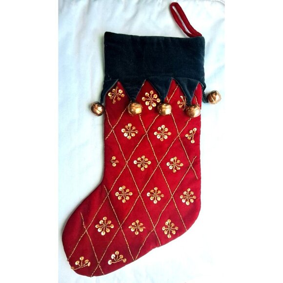 Unbranded Christmas Stocking Red Green Jiingle Bells Sequins Beading - Picture 2 of 8